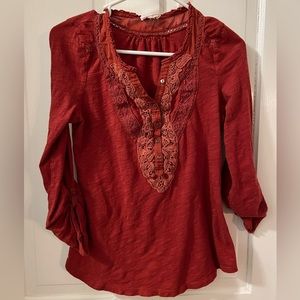 Anthropologie, Meadow Rue, auburn long- 3/4 sleeve top with lace pattern, size S